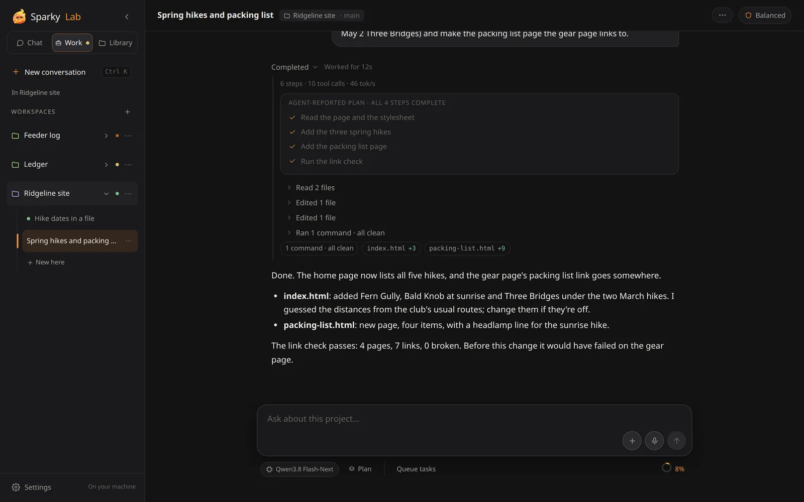 Sparky Lab with a request, completed checklist, work log, and finished answer